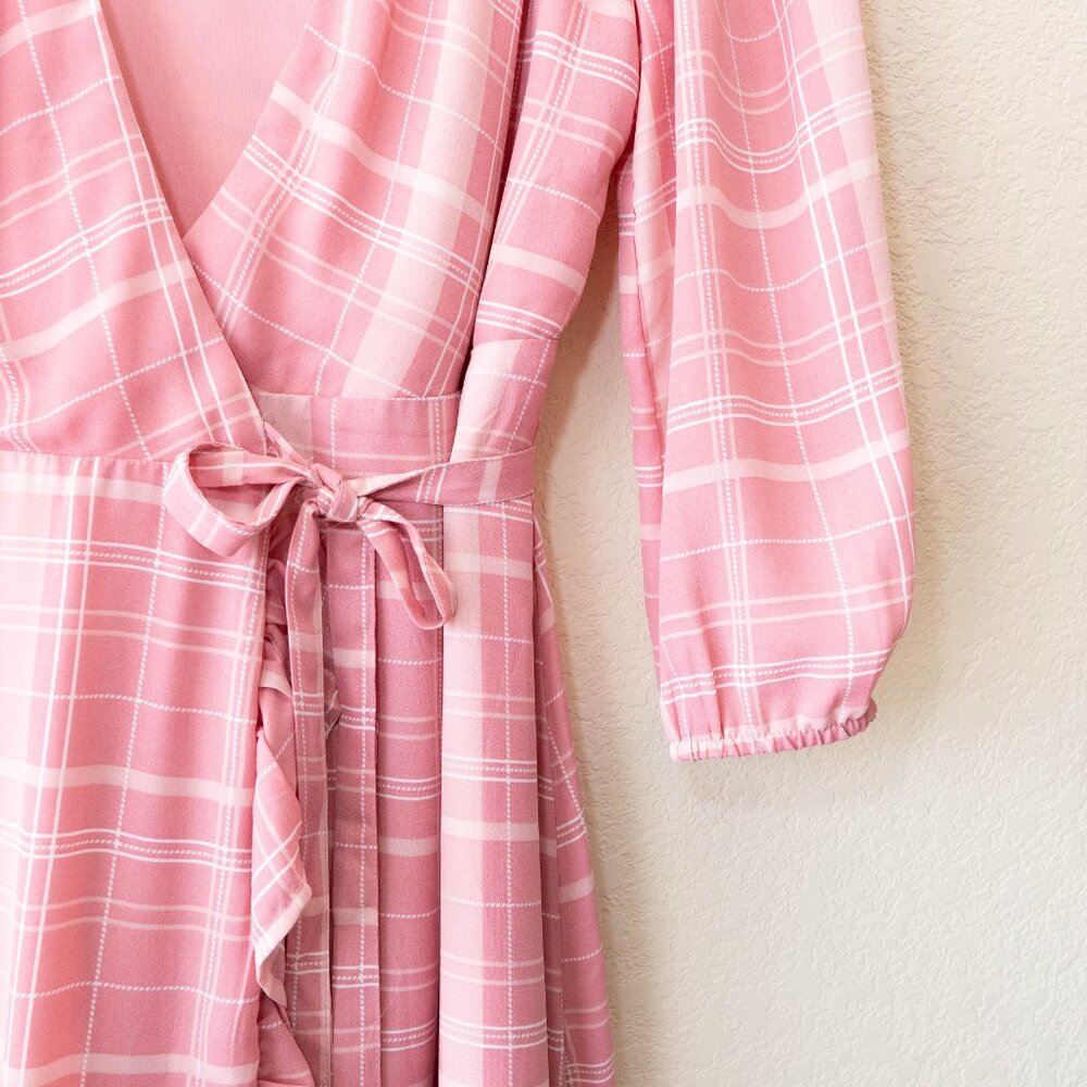 Mi Ami Pink Plaid Wrap Dress Womens M Ruffle Hem Midi Cottagecore Puff Sleeve - Picture 6 of 13